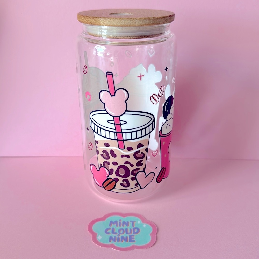 ❗️CAN GLASS CUP BAMBOO LID & STAINLESS STEEL STRAW - MOUSE COFFEE